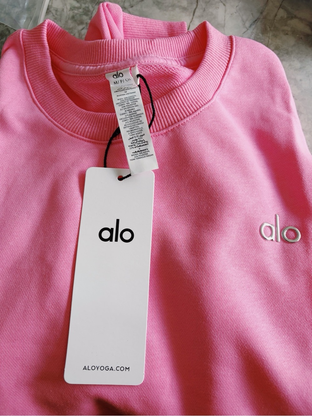 ALO Yoga Pink Cropped Crewneck Pullover with Embroidered Logo